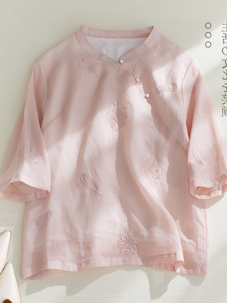 Embroidery Cotton Shirt - 레트로 깃털 자수 코튼 린넨 7/8