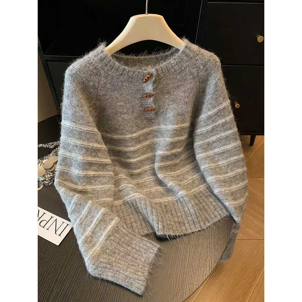 Embroidery Origin - 가을 겨울 여성용 스트라이프 울 캐시미어