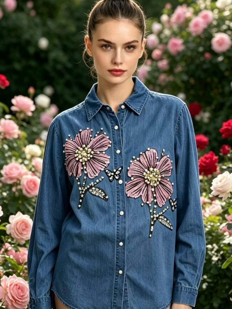 여성 데님 자수 블라우스 봄 가을 긴팔 여성 블라우스  - Embroidery Cotton Shirt 리뷰 및 가격
