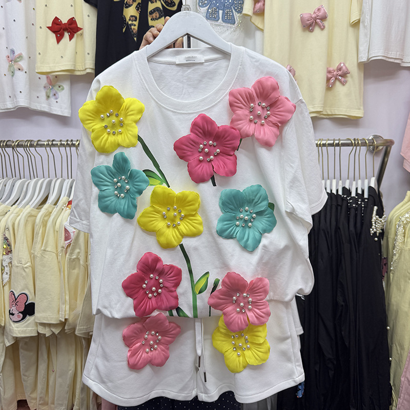 여름 화려한 3D 꽃 티셔츠 진주 비즈 꽃 자수 티셔츠 - Embroidery Cotton Shirt 리뷰 및 가격