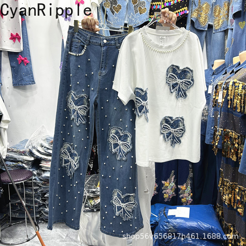 새로운 봄 여름 여성 투피스 세트 비딩 리본 자수 화이 - Embroidery Cotton Shirt 리뷰 및 가격