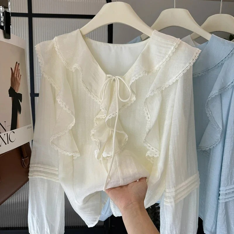 프렌치 V넥 시크 긴팔 블라우스 여성용 봄 여름 러플  - Embroidery Origin 리뷰 및 가격