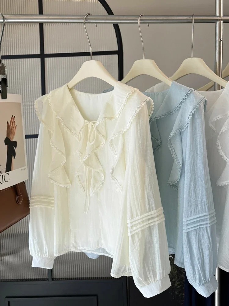 프렌치 V넥 시크 긴팔 블라우스 여성용 봄 여름 러플  - Embroidery Origin 리뷰 및 가격